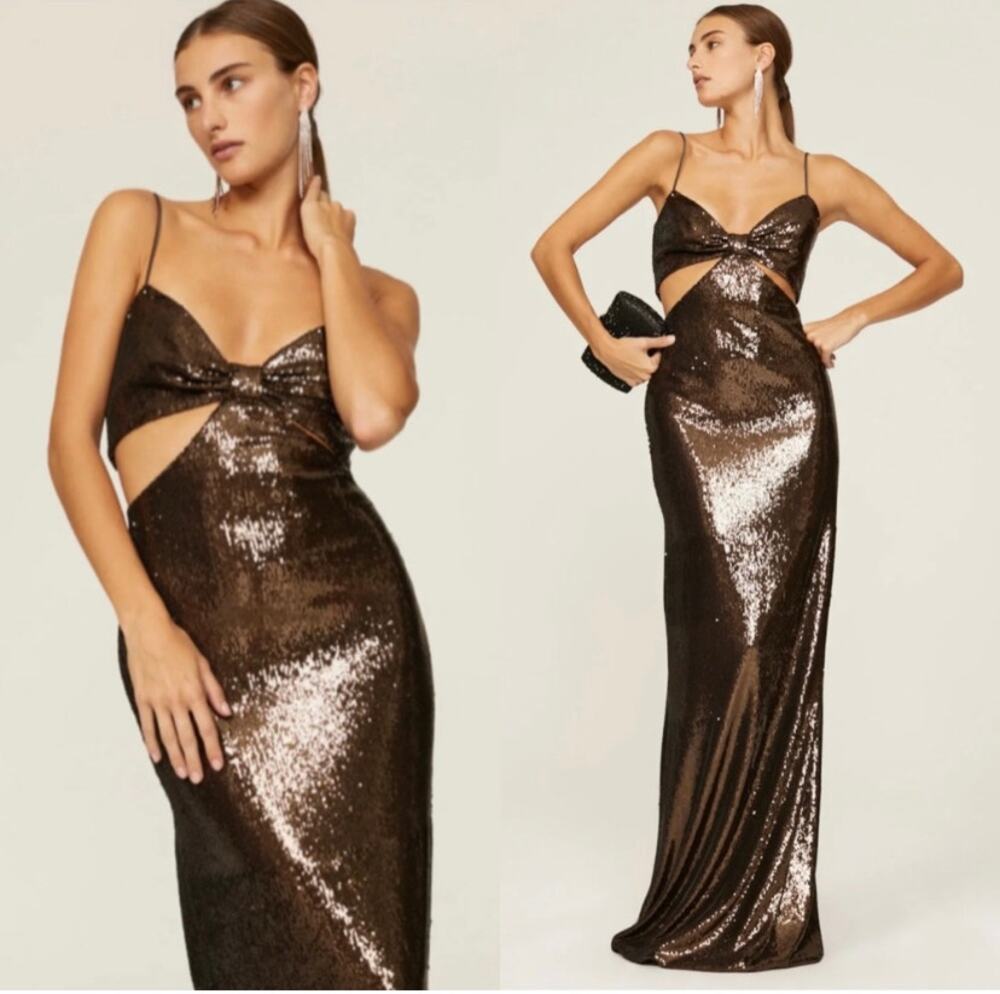 HALSTON Chloe Espresso Brown Sequin Cutout Formal Maxi Gown 8 NWT
